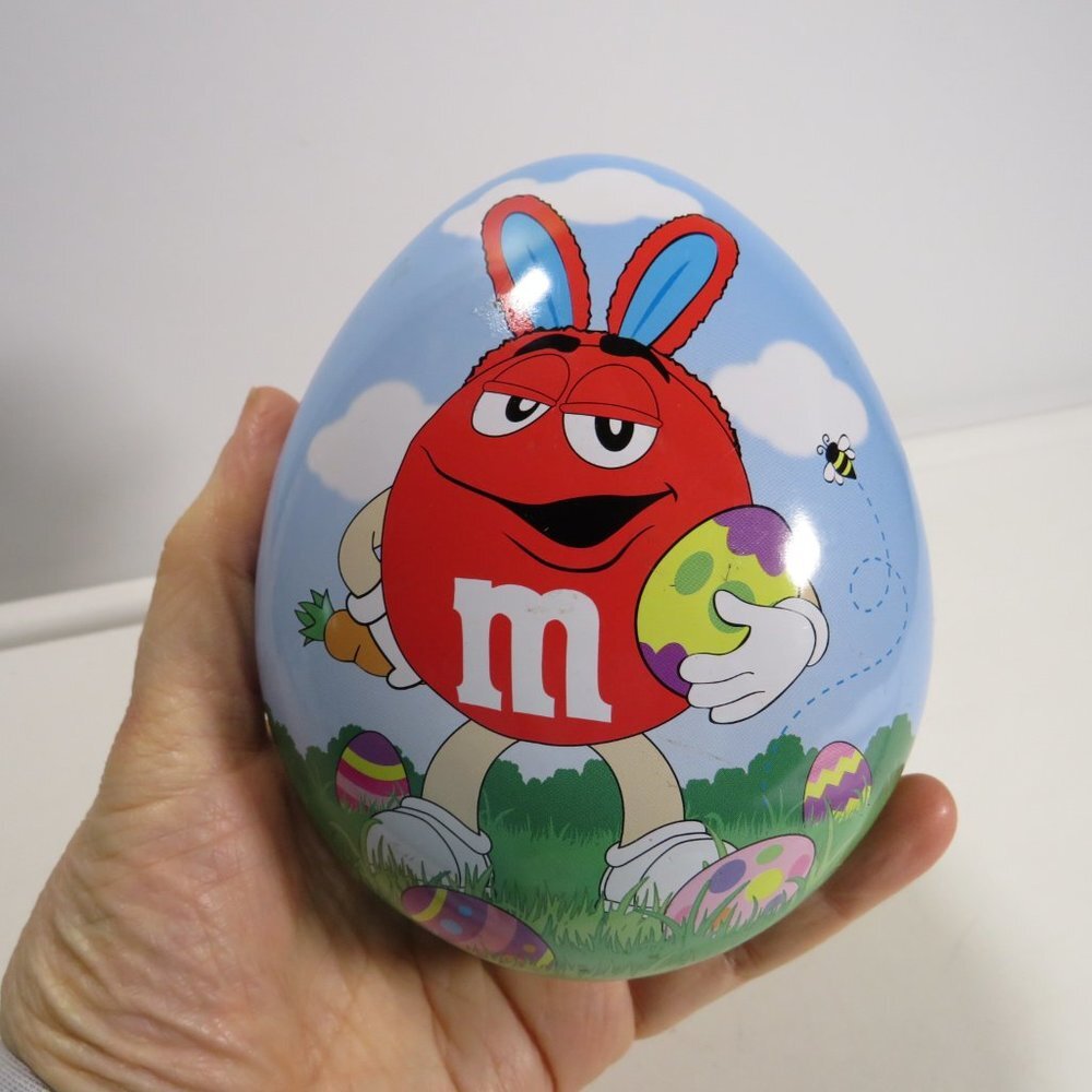 M&M's Easter Egg Shaped Metal Tin Red M&Ms Character with Rabbit Ears